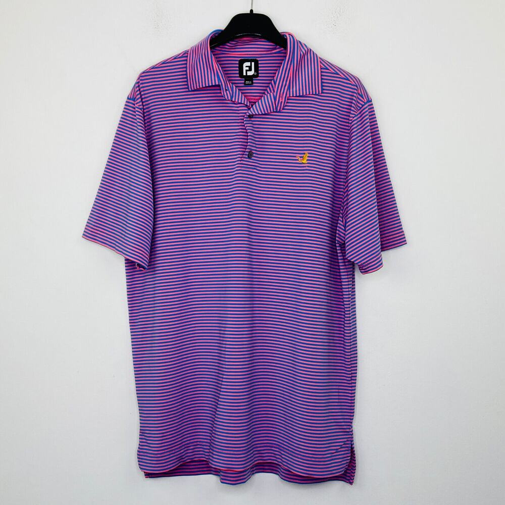 FootJoy Men Medium Polo Blue Pink Striped Golf Golden Bird Logo Performance CJ30